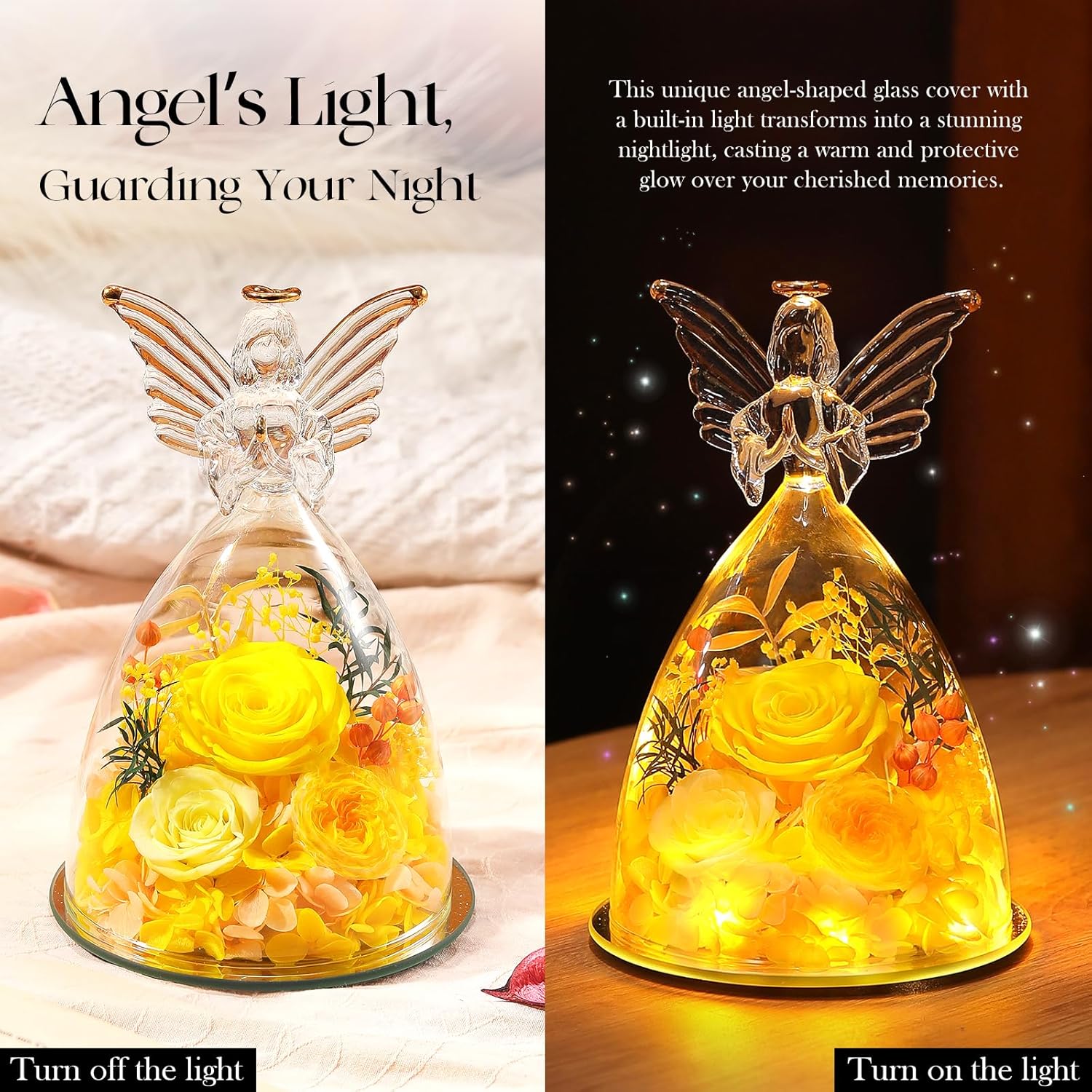 Preserved Real Flowers Red Roses in Glass Angel Figurines