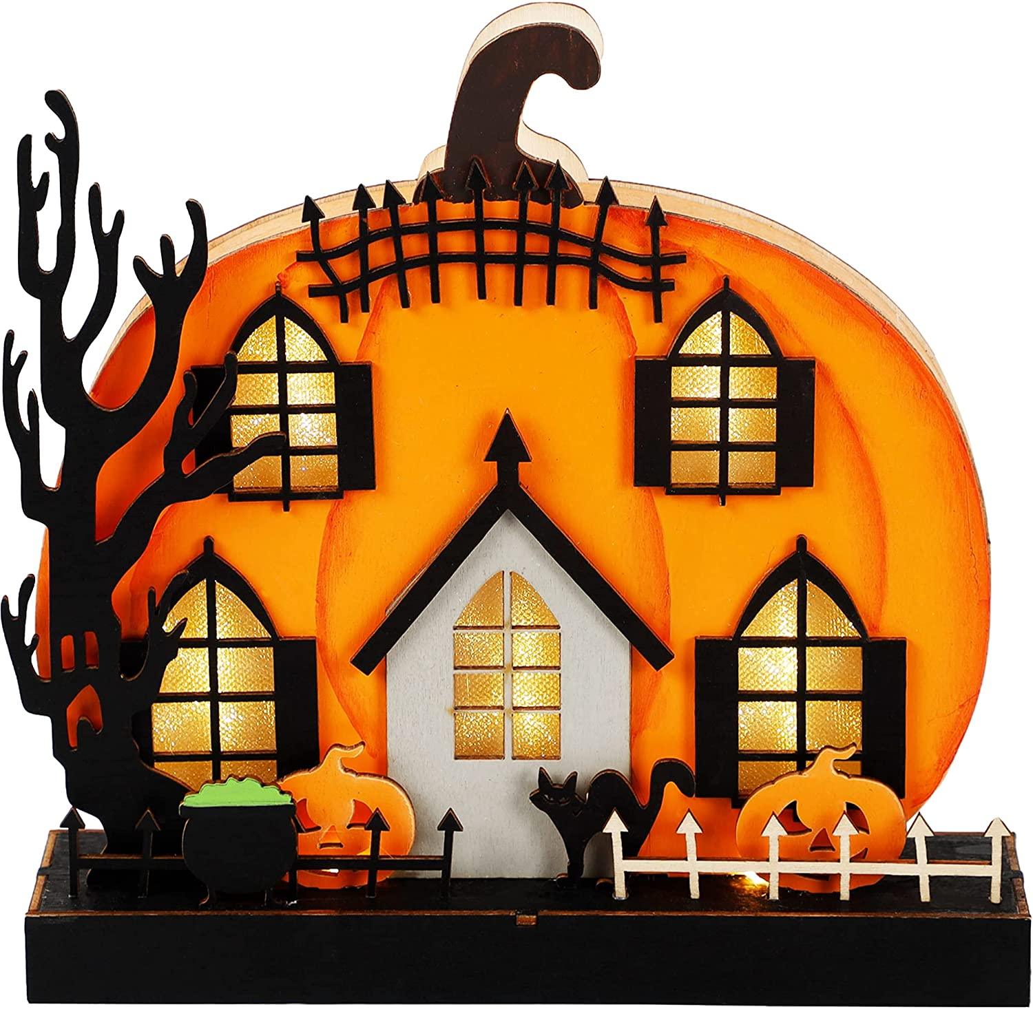 Home Halloween Tabletop Decoration, Wooden Lighted Pumpkin House Decoration-KOLAICH™
