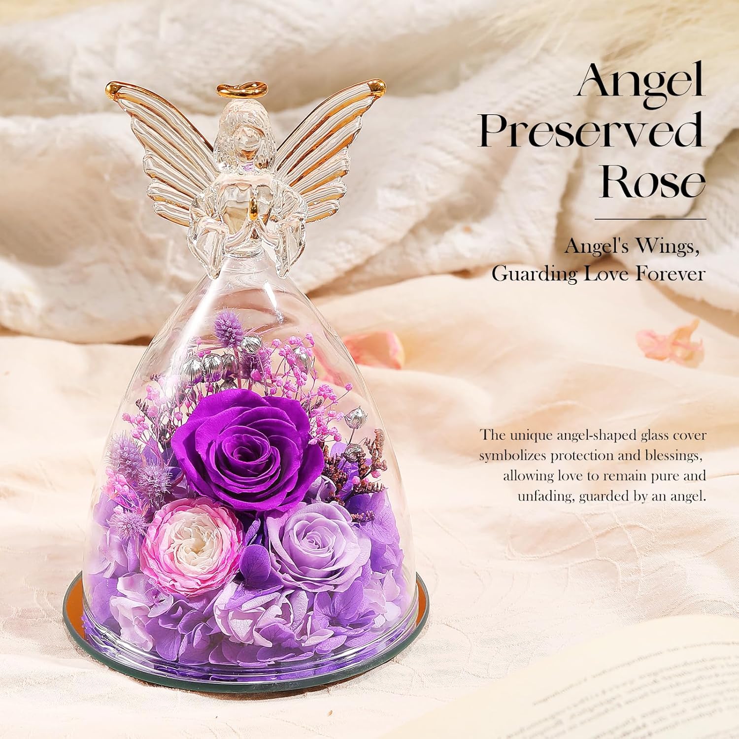 Preserved Real Flowers Red Roses in Glass Angel Figurines