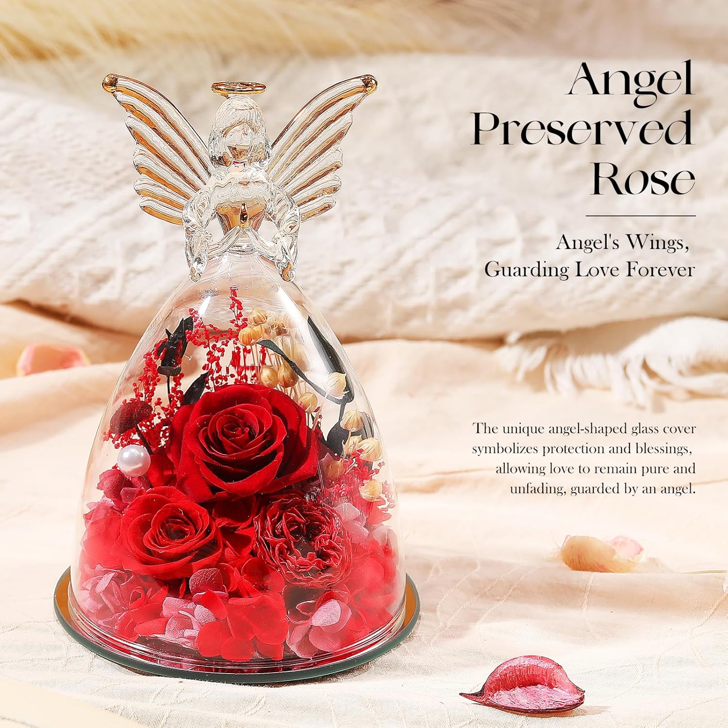 Preserved Real Flowers Red Roses in Glass Angel Figurines