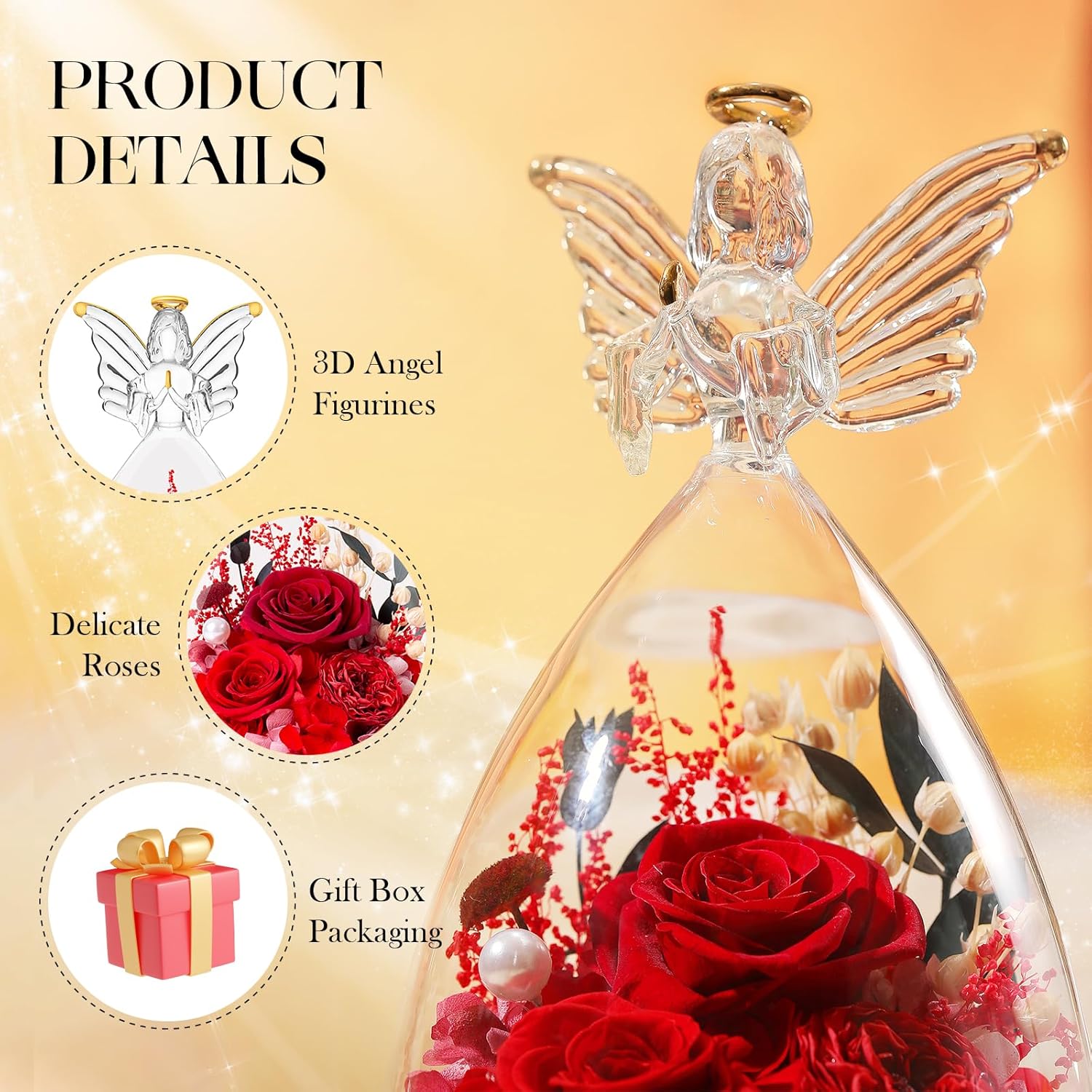 Preserved Real Flowers Red Roses in Glass Angel Figurines