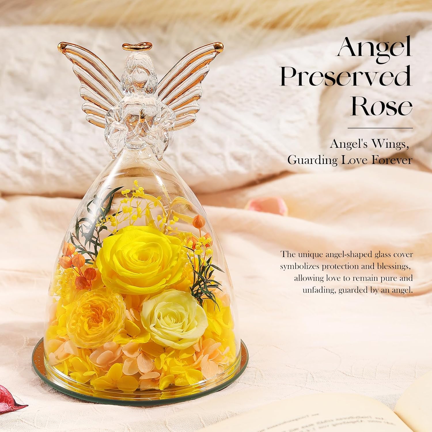 Preserved Real Flowers Red Roses in Glass Angel Figurines