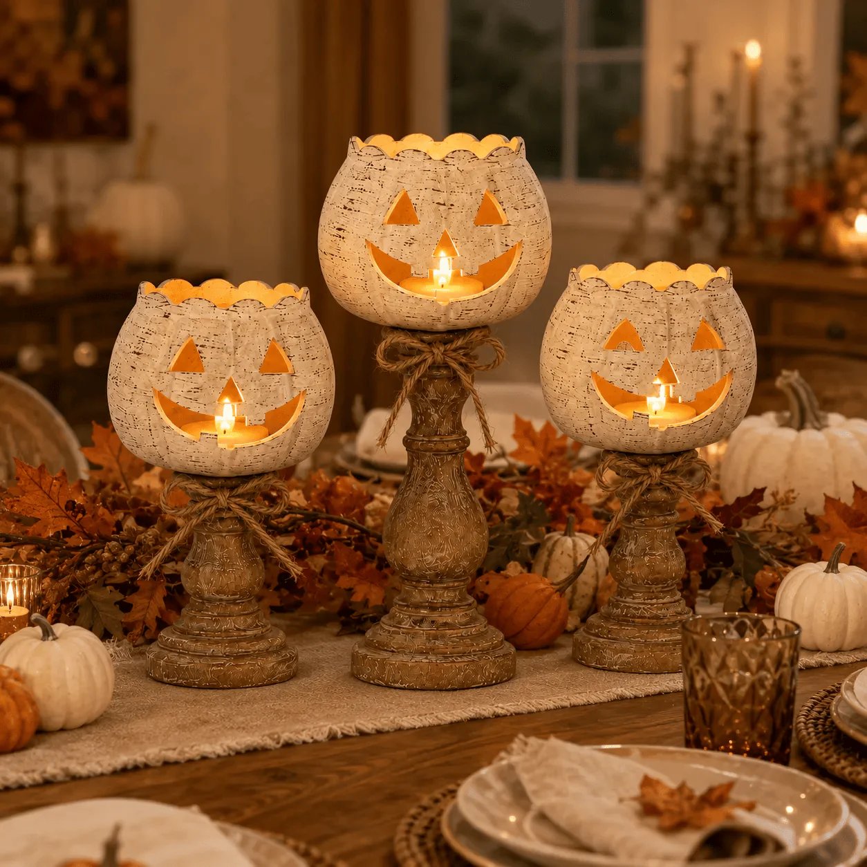 🕯   Set of 3 Rustic White Pumpkin Tealight Candle Holders  | Layered Farmhouse Fall Decor For Halloween & Thanksgiving-KOLAICH™