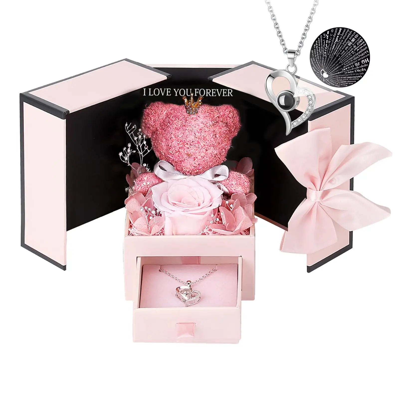 Eternal Rose Bear Box with Necklace: Projection 'I Love You' in 100 Languages Heart Pendant Jewelry Valentine's Gifts-KOLAICH™