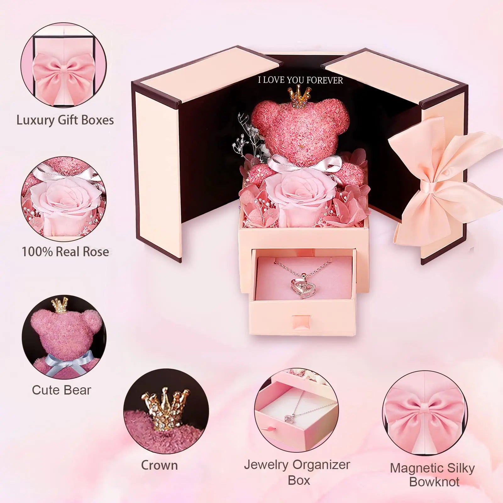 Eternal Rose Bear Box with Necklace: Projection 'I Love You' in 100 Languages Heart Pendant Jewelry Valentine's Gifts-KOLAICH™