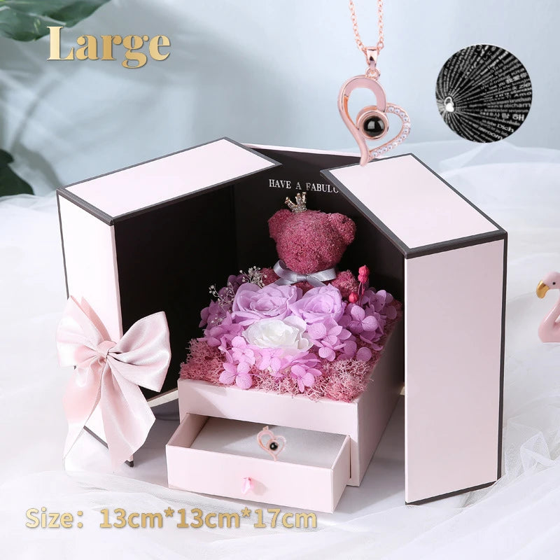 Eternal Rose Bear Box with Necklace: Projection 'I Love You' in 100 Languages Heart Pendant Jewelry Valentine's Gifts-KOLAICH™