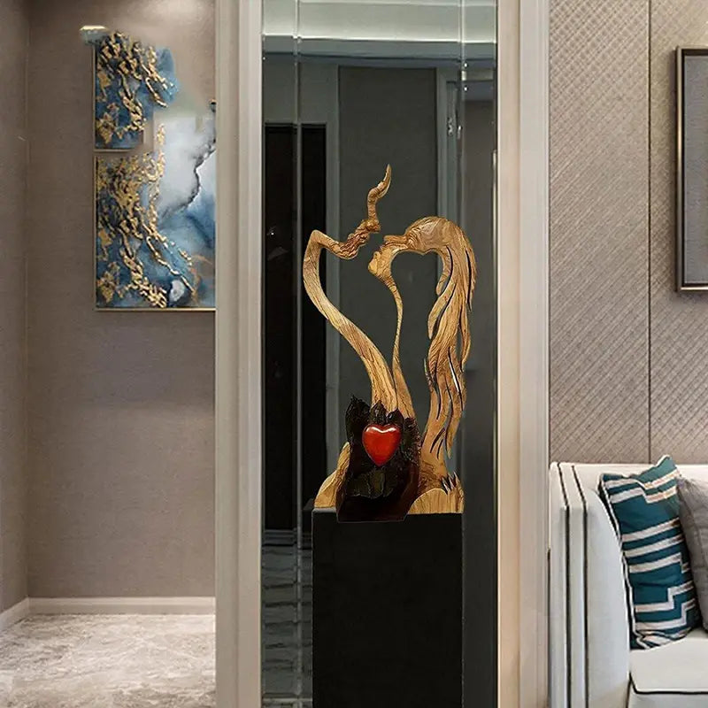 Love Eternal Wooden Heart Sculpture: Hand-carved Kissing