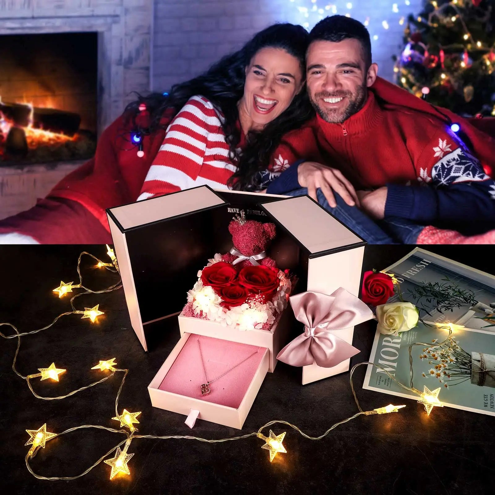 Eternal Rose Bear Box with Necklace: Projection 'I Love You' in 100 Languages Heart Pendant Jewelry Valentine's Gifts-KOLAICH™