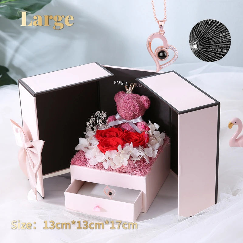 Eternal Rose Bear Box with Necklace: Projection 'I Love You' in 100 Languages Heart Pendant Jewelry Valentine's Gifts-KOLAICH™