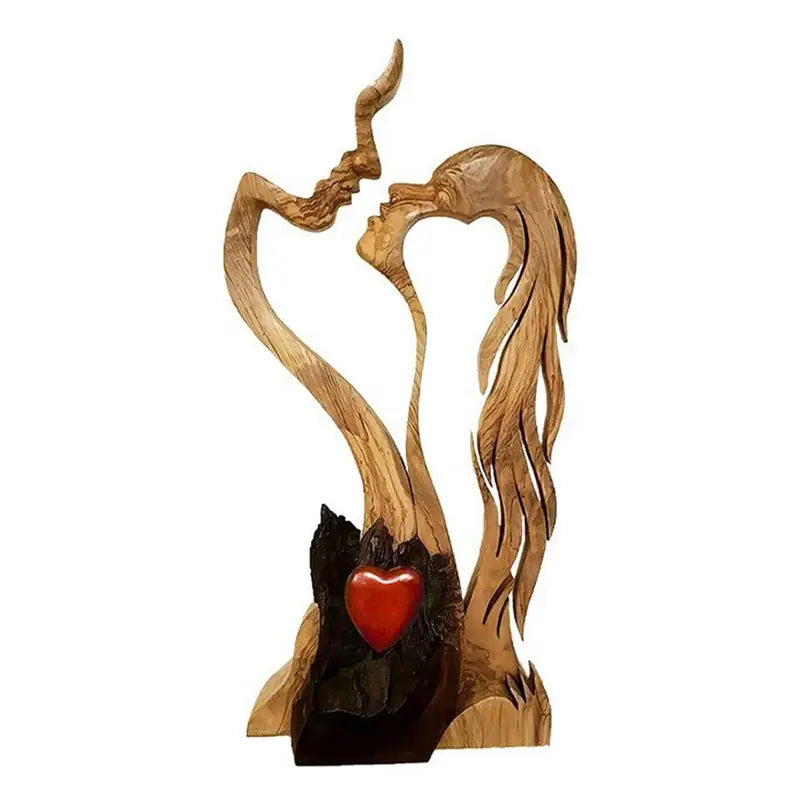Love Eternal Wooden Heart Sculpture: Hand-carved Kissing