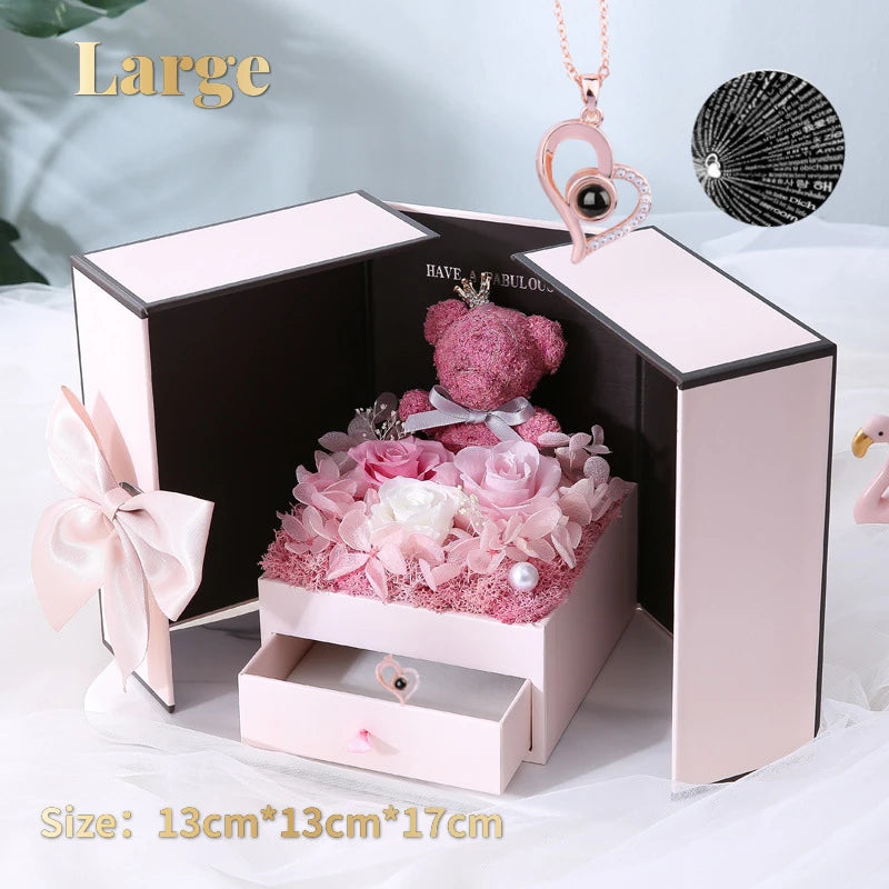 Eternal Rose Bear Box with Necklace: Projection 'I Love You' in 100 Languages Heart Pendant Jewelry Valentine's Gifts-KOLAICH™