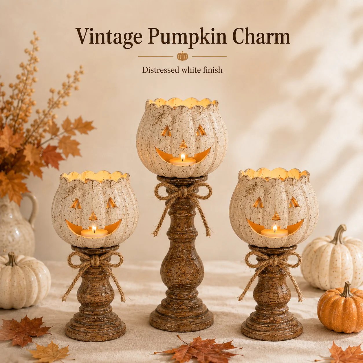 🕯   Set of 3 Rustic White Pumpkin Tealight Candle Holders  | Layered Farmhouse Fall Decor For Halloween & Thanksgiving-KOLAICH™