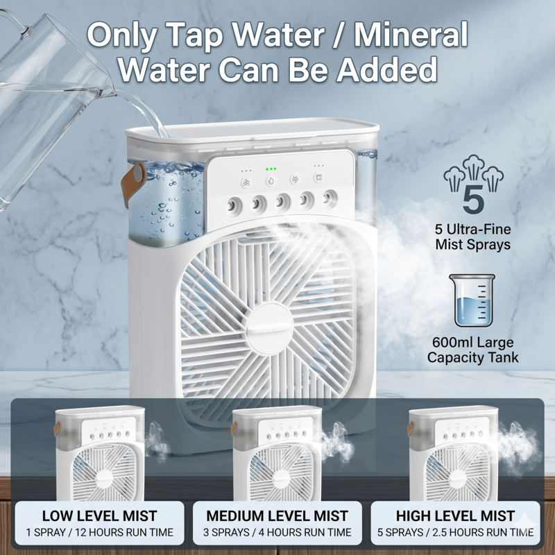 3-in-1 Portable Mini Fan & Electric Air Cooler - Personal Humidifier with Mist