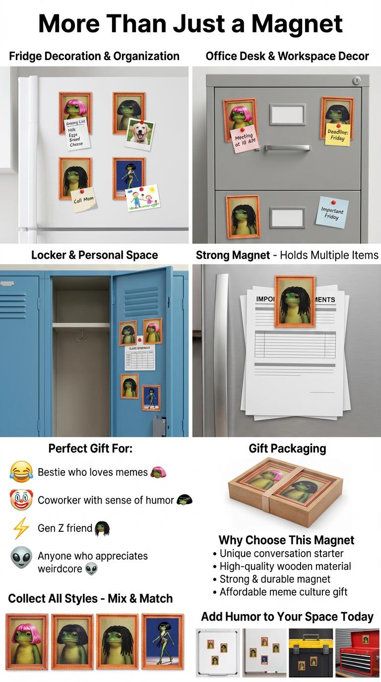 Funny Frog Magnet with Bob Haircut - Weird Core Fridge Decor - Cute Meme Gift for Bestie & Coworker Wooden