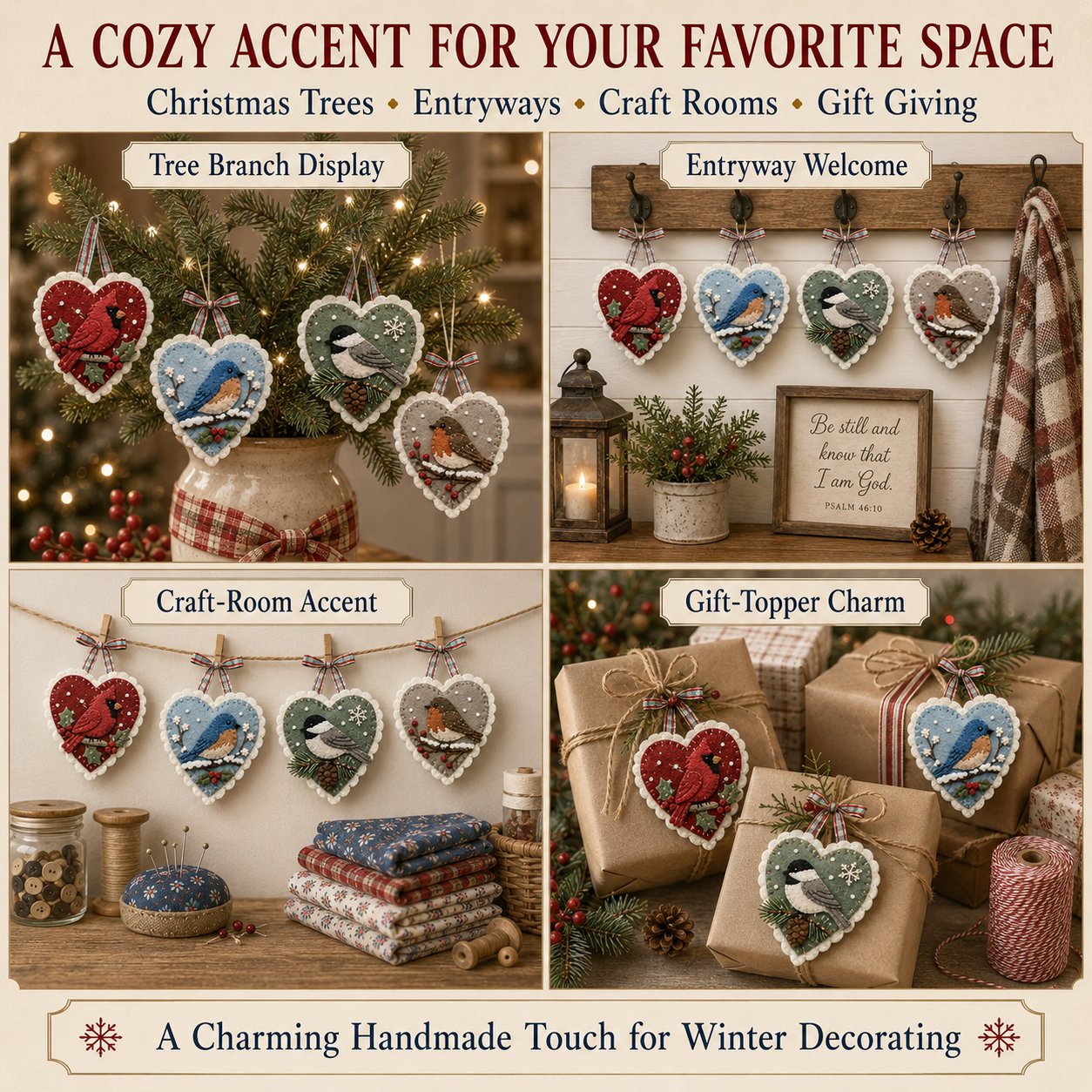 ⏳ Last Day 49% OFF – 🐦 Beginner-Friendly Winter Bird Felt Heart Ornament Sewing Kit Collection💕