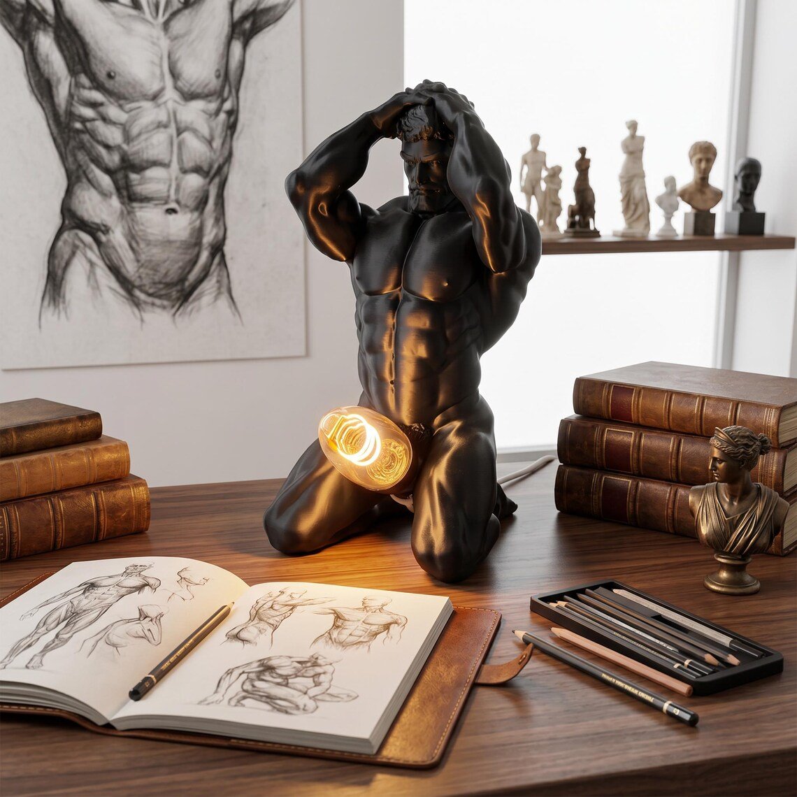 Bold Male Figure Table Lamp, Artistic Statue Light-KOLAICH™