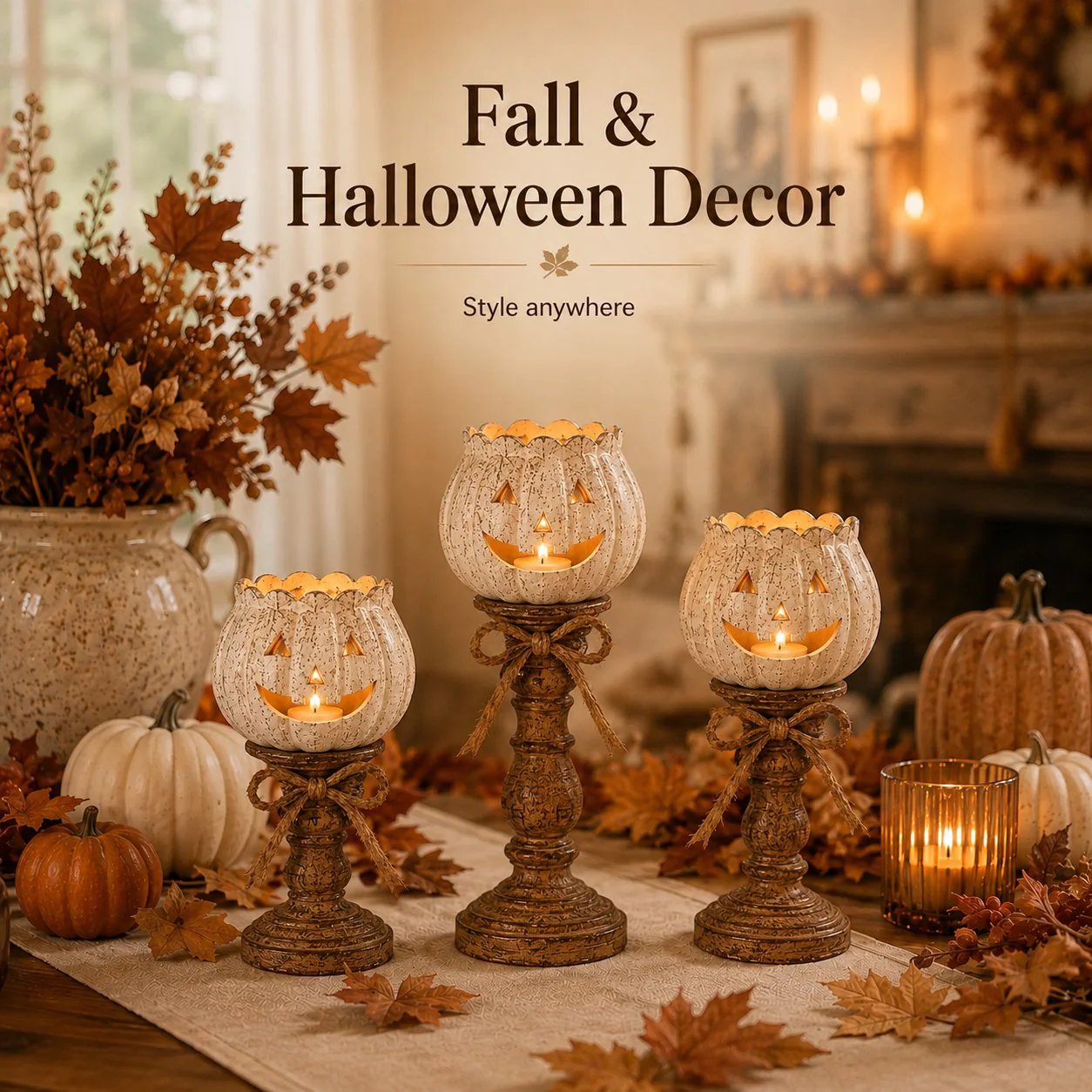 🕯   Set of 3 Rustic White Pumpkin Tealight Candle Holders  | Layered Farmhouse Fall Decor For Halloween & Thanksgiving-KOLAICH™