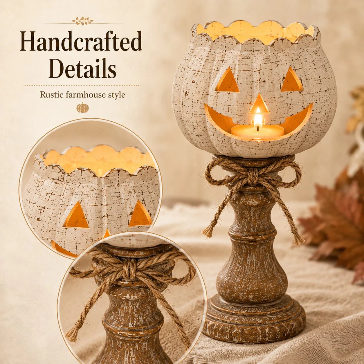 🕯   Set of 3 Rustic White Pumpkin Tealight Candle Holders  | Layered Farmhouse Fall Decor For Halloween & Thanksgiving-KOLAICH™