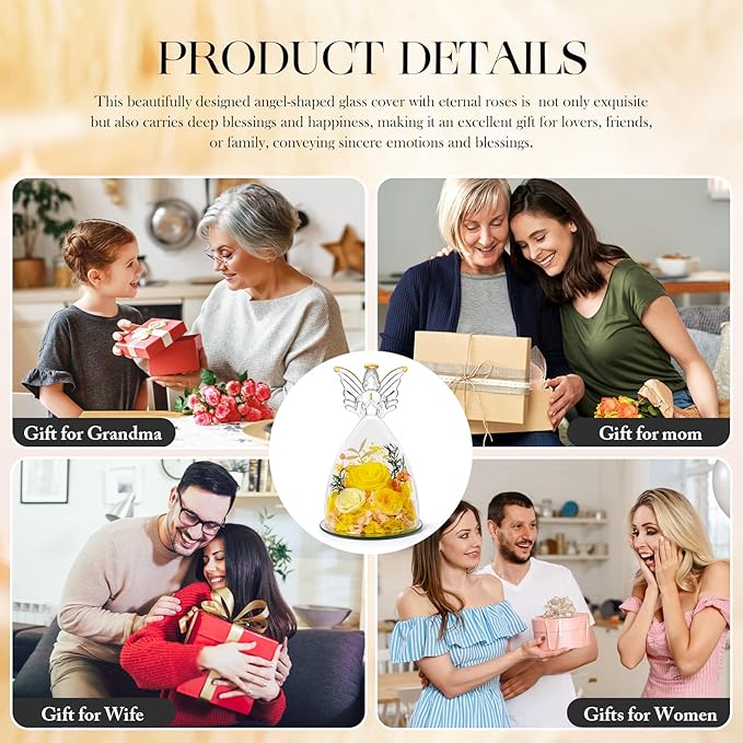 Preserved Real Flowers Red Roses in Glass Angel Figurines