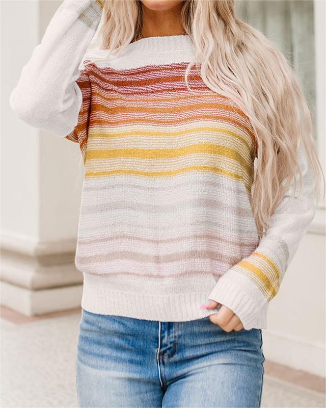 Women's Striped Long Sleeve Round Neck Sweater in Multicolor
