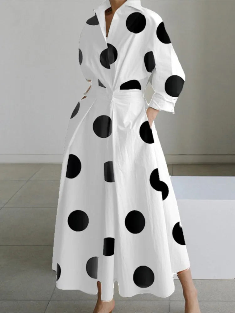 Long Sleeve Dot Print Elegant Maxi V Neck Shirt Party Long Dress-Coolconditioner