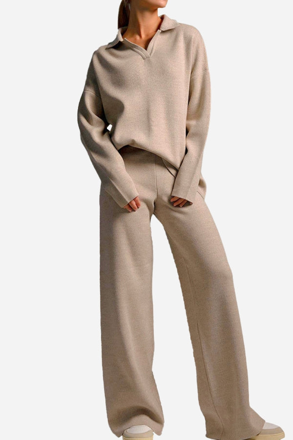 Women's Solid Color Knitted Sweater Suit Polo Collar Knitted Pullover Wide-leg Trousers Two-piece Set-Coolconditioner