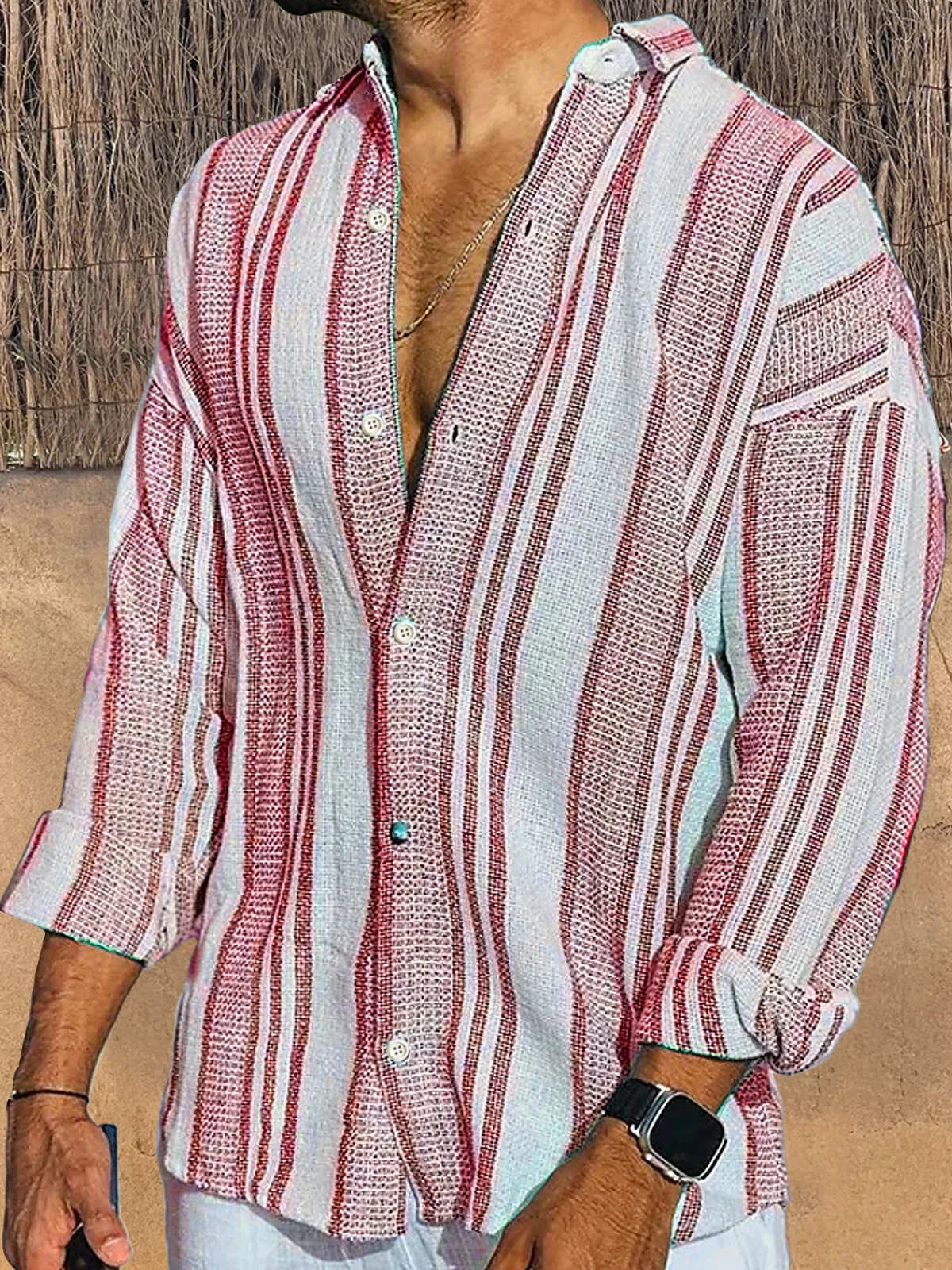 Casual Striped Print Men's Long Sleeve Button Shirt