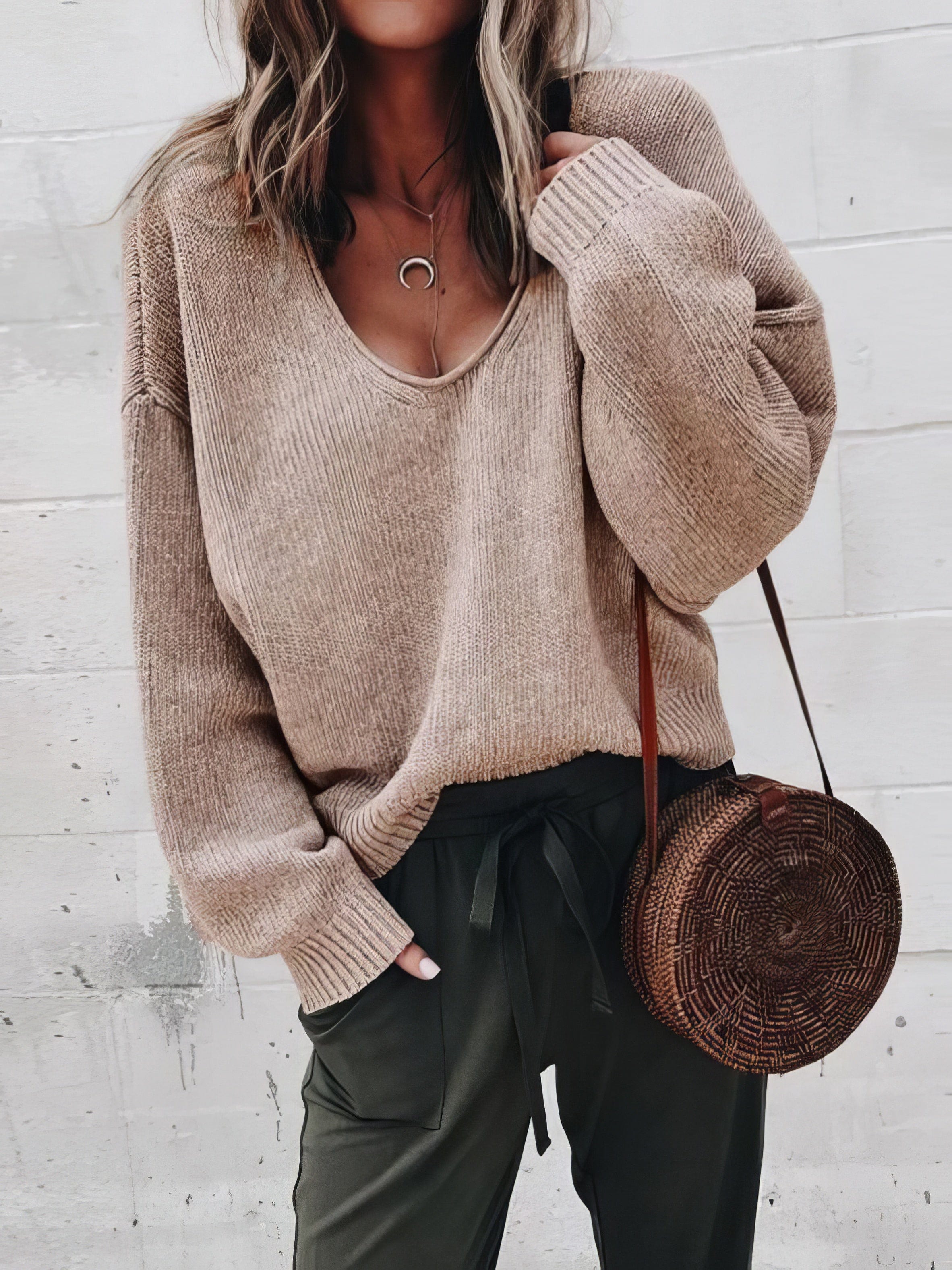 V-Neck Long Sleeve Solid Loose Knit Sweater-Coolconditioner