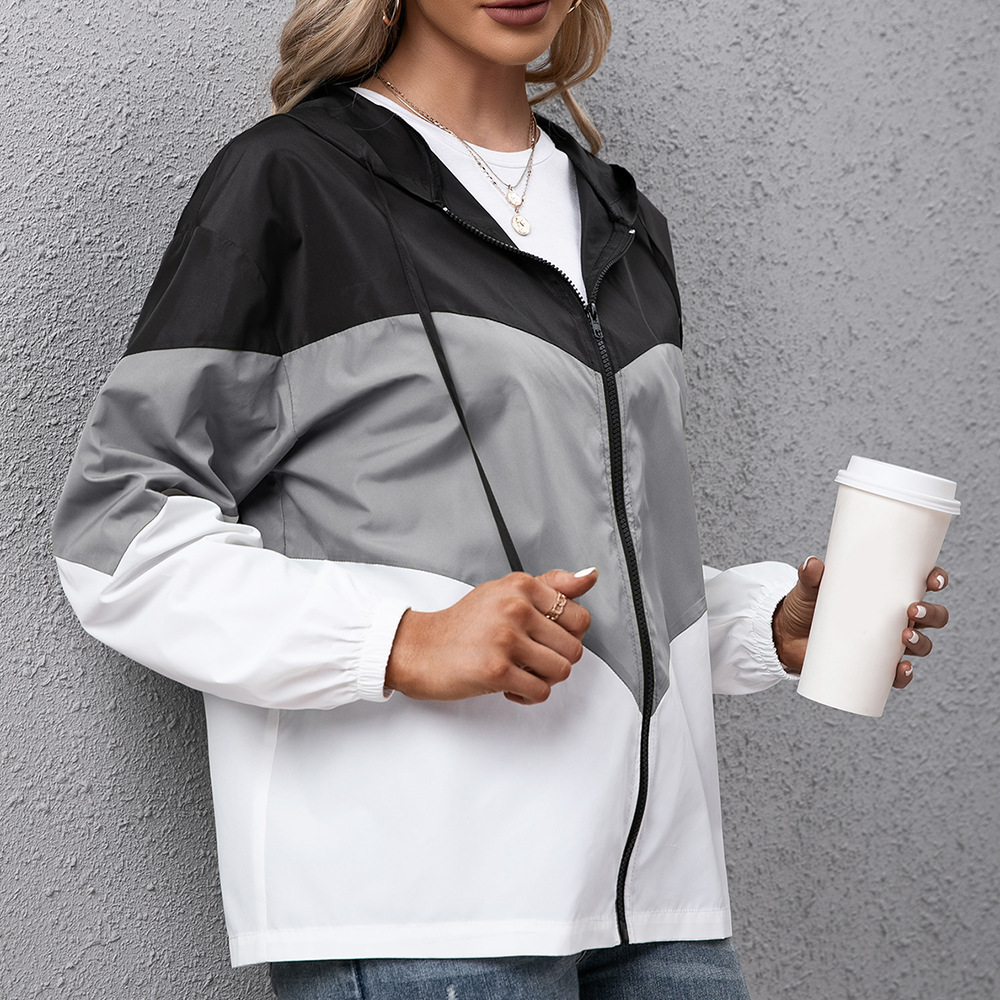 Women Rain Jacket Outdoor Color Contrast Waterproof Hooded Raincoat Windproof