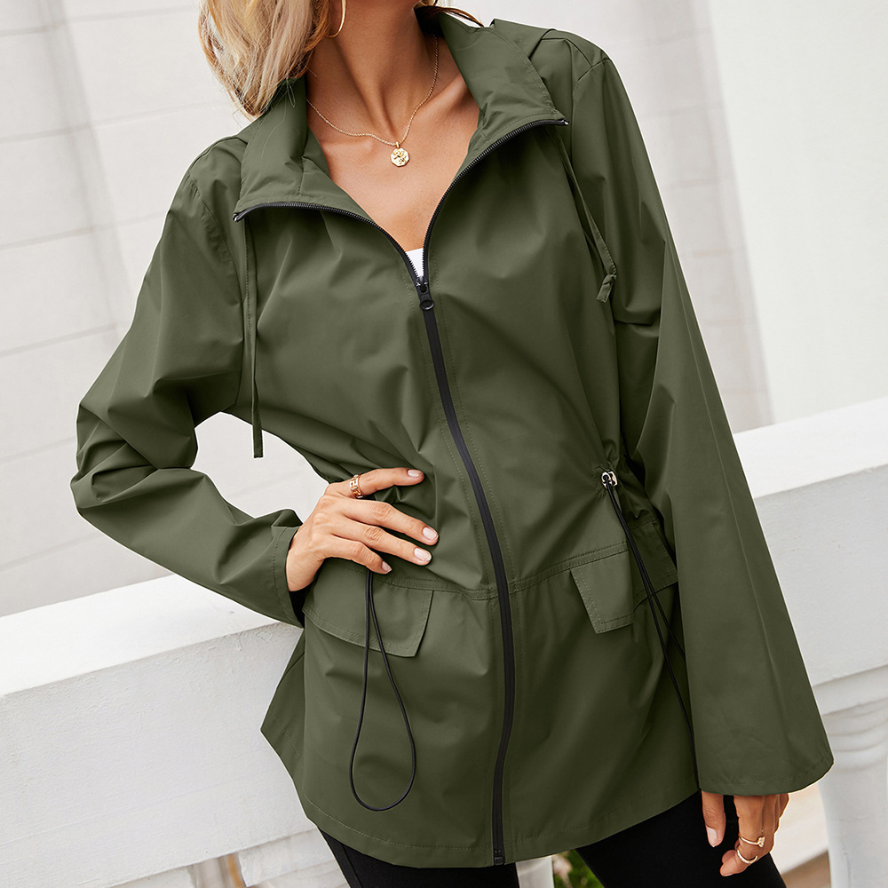 Women Casual Solid Hooded Zipper Windproof Waterproof Raincoat Tunic Jacket
