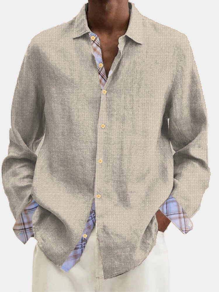 Men's Holiday Check Panel Hawaiian Button Long Sleeve Shirt
