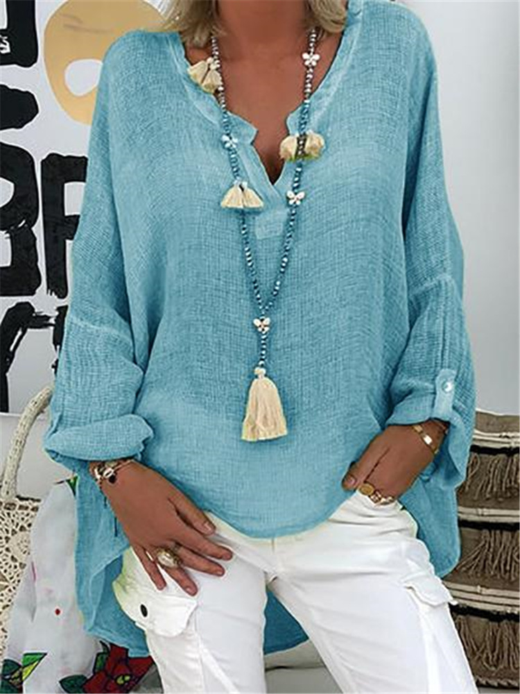 Solid Color Casual Cotton Linen V-Neck Long Sleeve Blouse