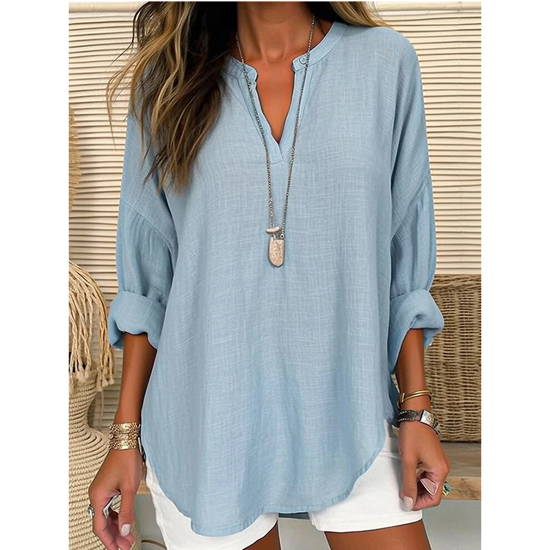 Casual V Neck Solid Long Sleeve Blouse