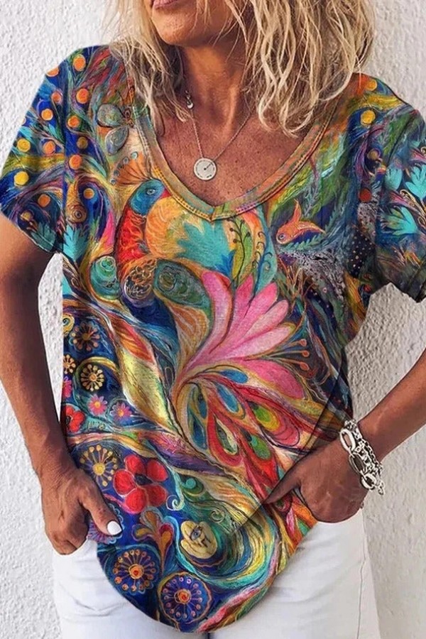 Multi Casual Graphic Tops V-neck Short Sleeve Peacock Printed Blouse-Coolconditioner