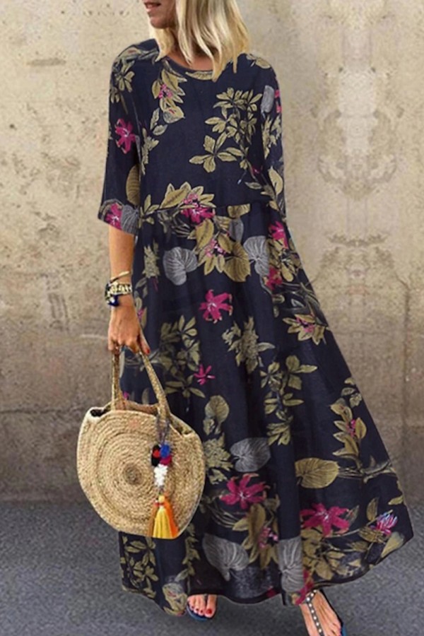 Round Neck Half Sleeve Loose Floral Maxi Dress-Coolconditioner