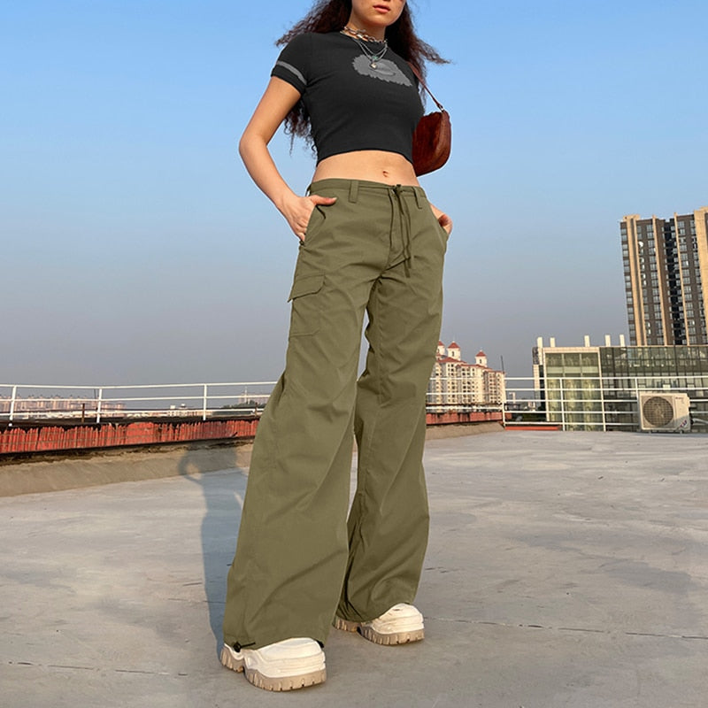 Low Waist Drawstring Cargo Pants-Coolconditioner