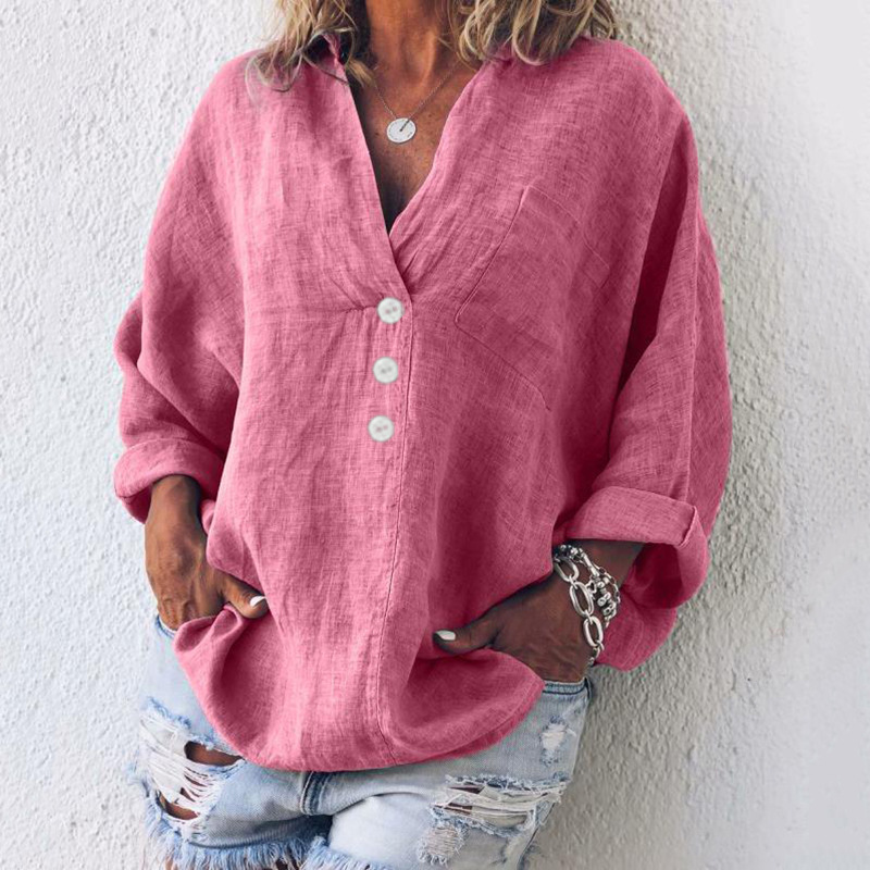 Solid Color with Pockets V-neck Long Sleeves Blouse-Coolconditioner
