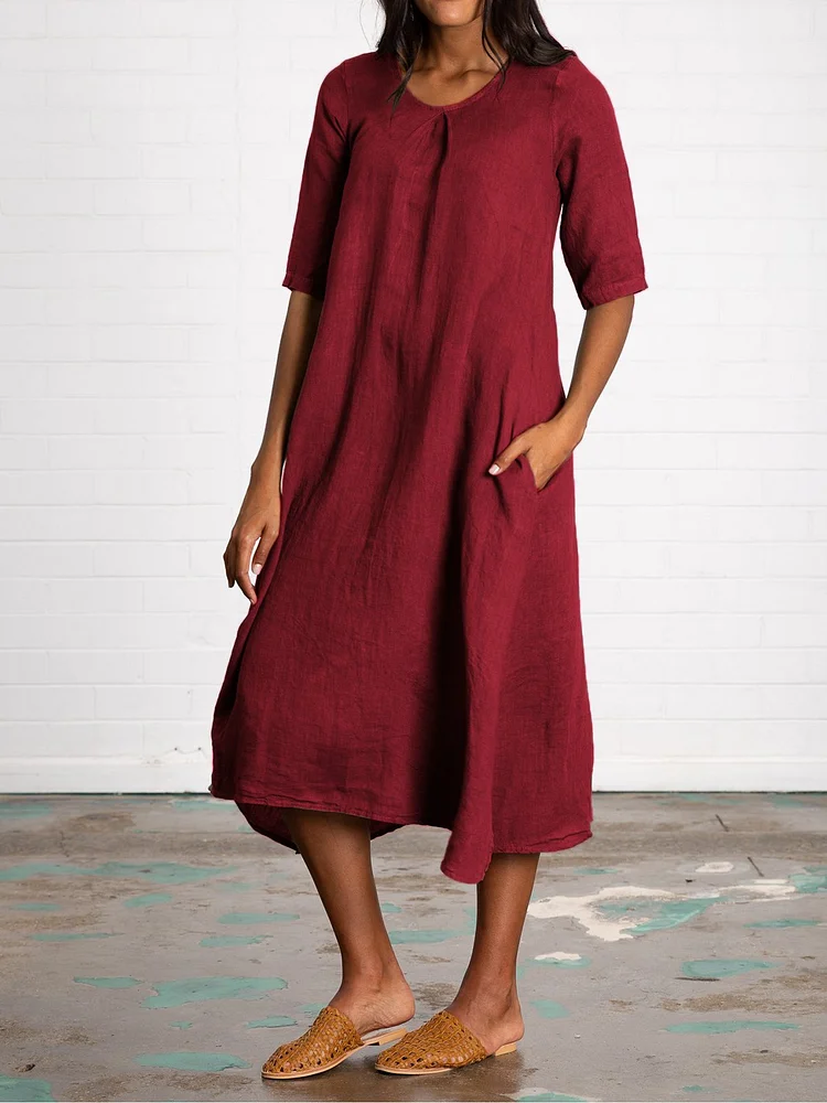 V Neck Half Sleeve Pockets Linen Women Midi Dress-Coolconditioner