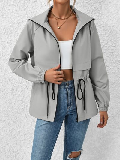 Drawstring Zip Up Hooded Jacket-Coolconditioner