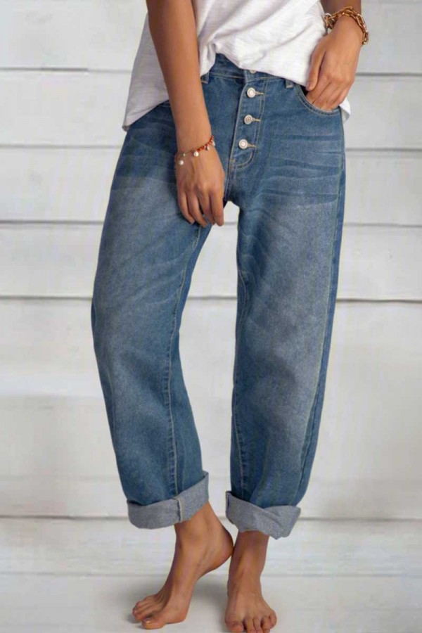 Women's Solid Color Casual Buttons with Pockets Jeans