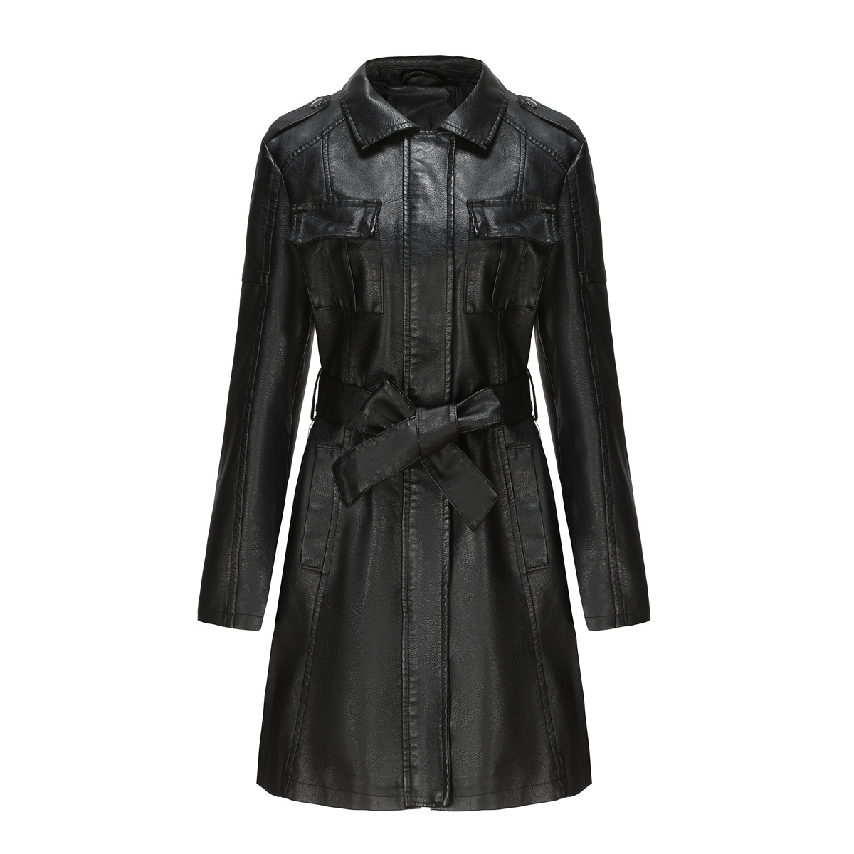 Long Leather Women's Coat With Belt