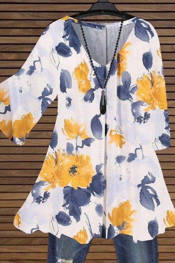 Floral Print V-neck Half Sleeves Tunic Blouse