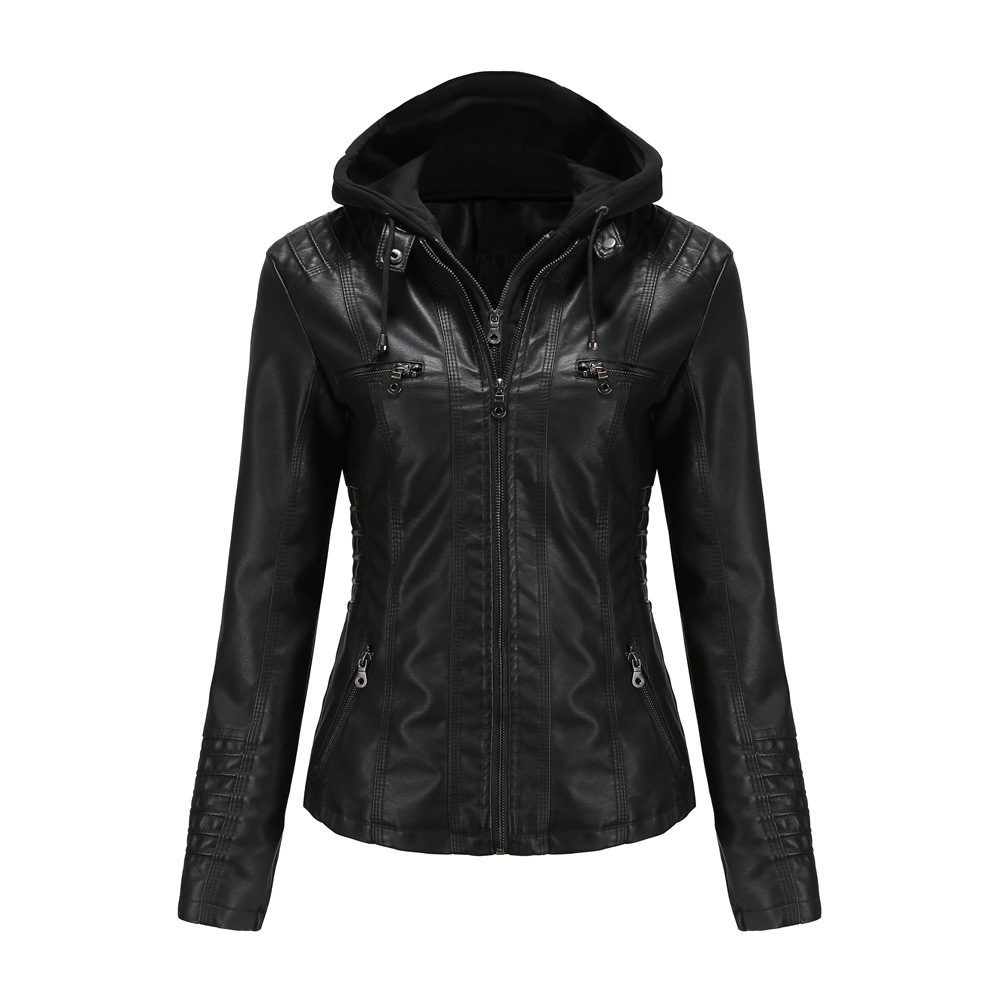 Womens Leather Jacket Long Sleeve Zip up Hooded Jacket Coat Slim Biker Jacket Outerwear