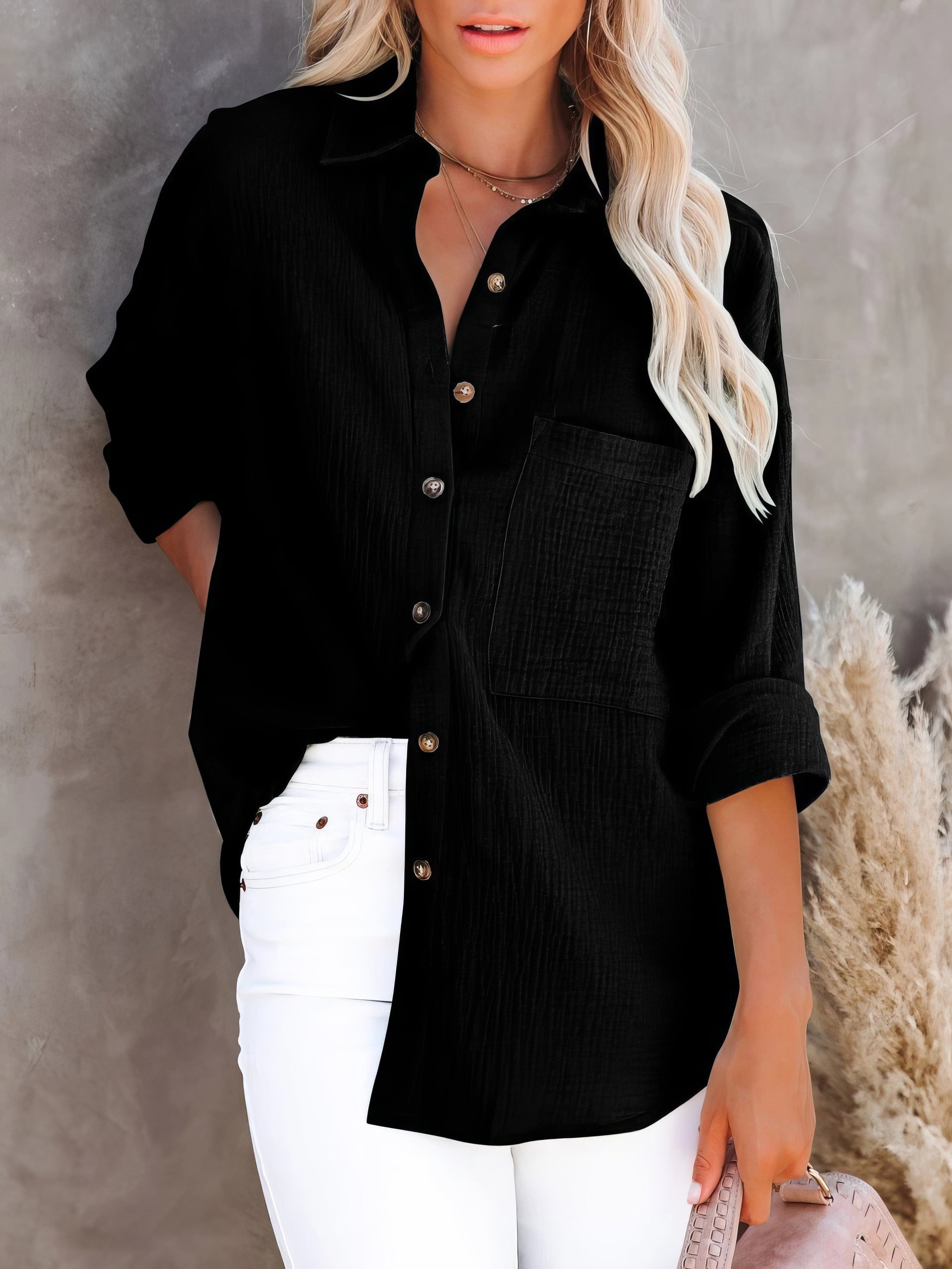 Simple Long Sleeve V-Neck Button Lapel Blouse-Coolconditioner