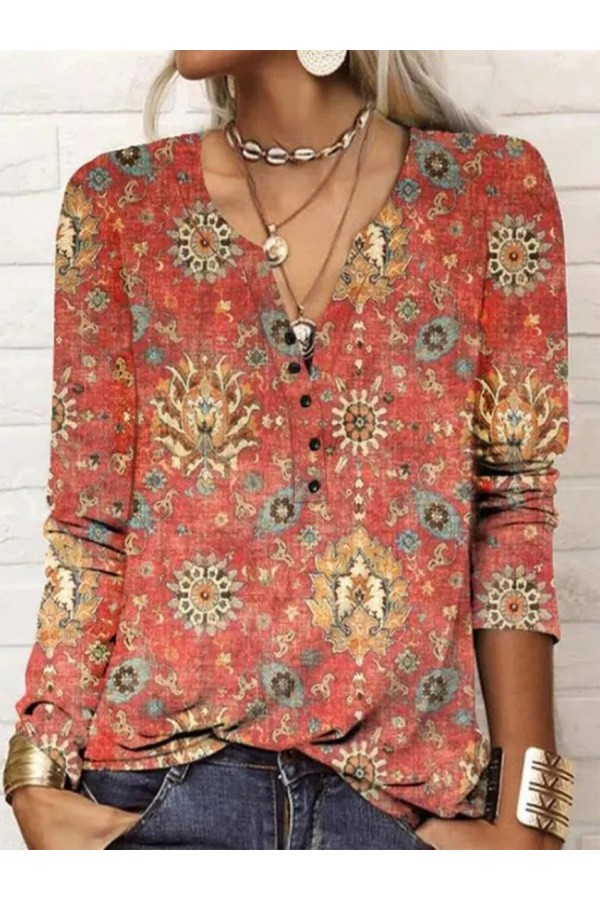 Red Casual V Neck Floral Printed Long Sleeve Blouse-Coolconditioner