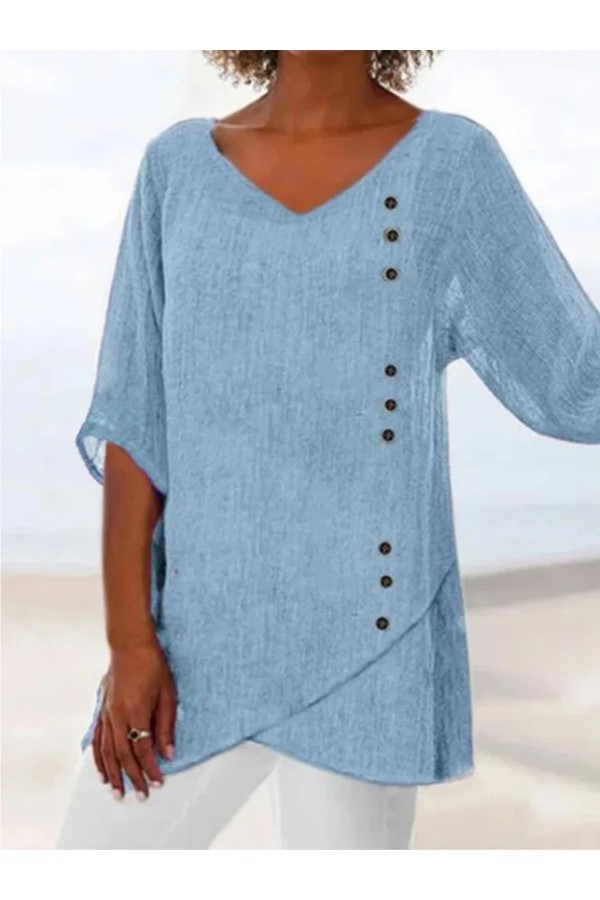 Casual Blue Tops V Neck Half Sleeve Solid Blouse