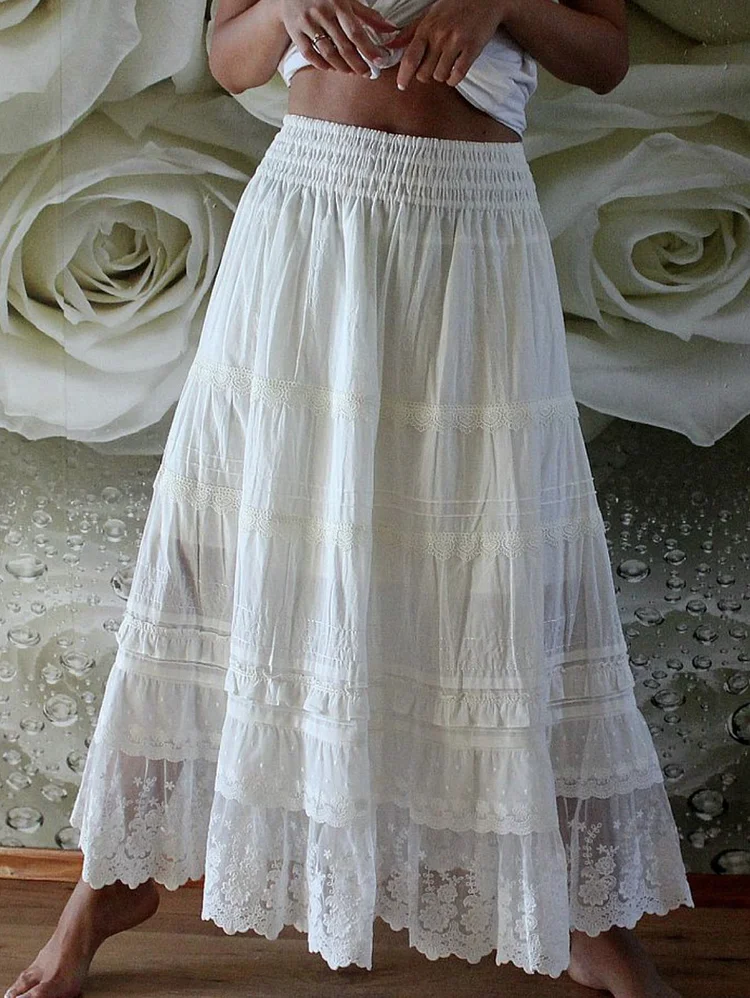 Women's Lace Patchwork Maxi White Skirt-Coolconditioner