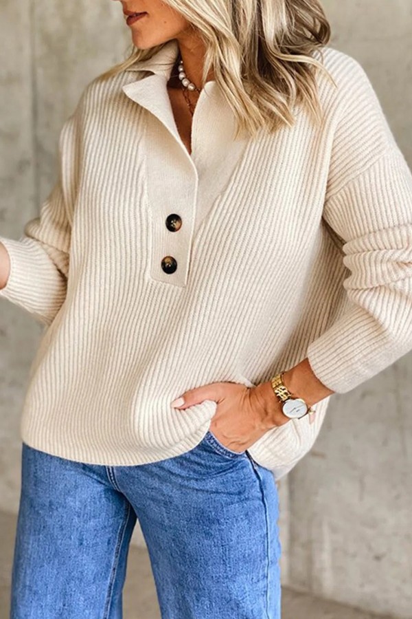 2024 Solid Color Collared Buttons Long Sleeves Sweater-Coolconditioner