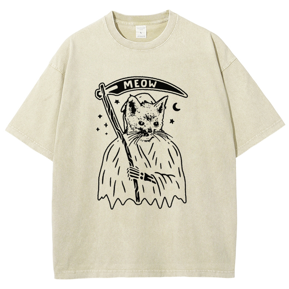 Cat Grim Reaper Vintage Snowflake Washed T-Shirt