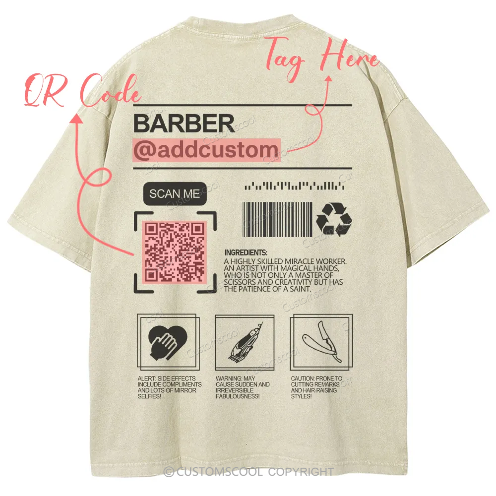 Barber Addcustom QR Code Name Unisex Fit Washed T-Shirt Customscool